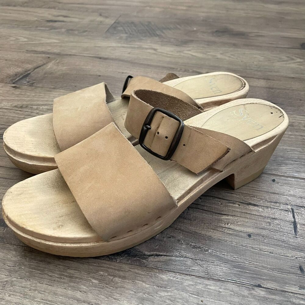 SVEN Clogs Original Two Strap Nubuck Tan Leather Buckle Sandals
